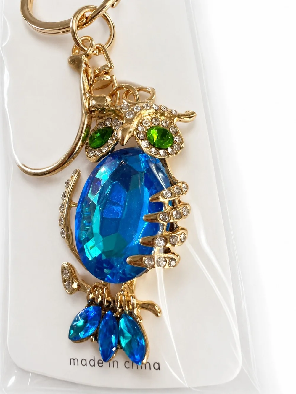 Mint Gold Owl Keychain with Blue and Green Crystals